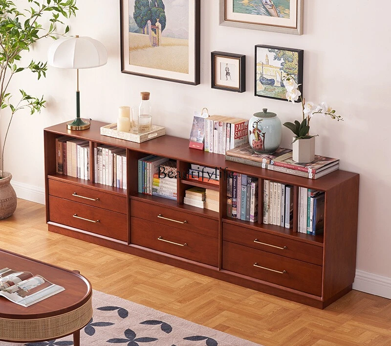 

All solid wood floor-to-ceiling bookcase, cherry wood living room storage storage combination cabinet