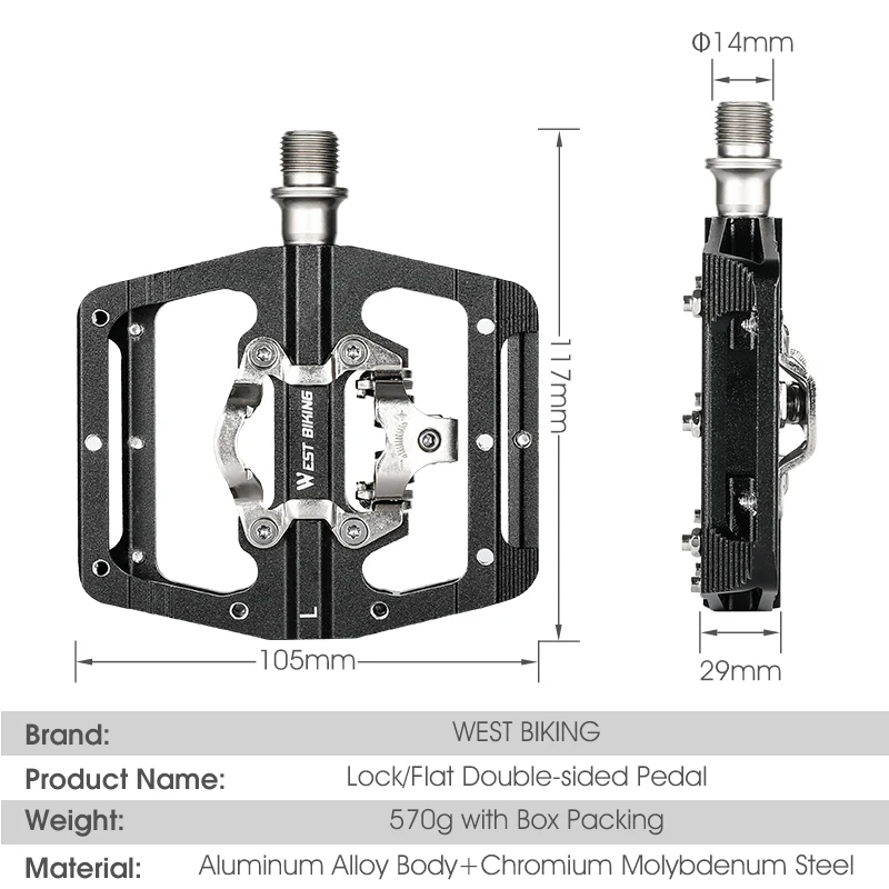 WEST BIKING 2 IN 1 Dual-use Bicycle Pedal Mountain Bike Anti-slip Flat/Lock Pedals Fit SPD 9/16\'\' Aluminum MTB Pedal Bike Parts