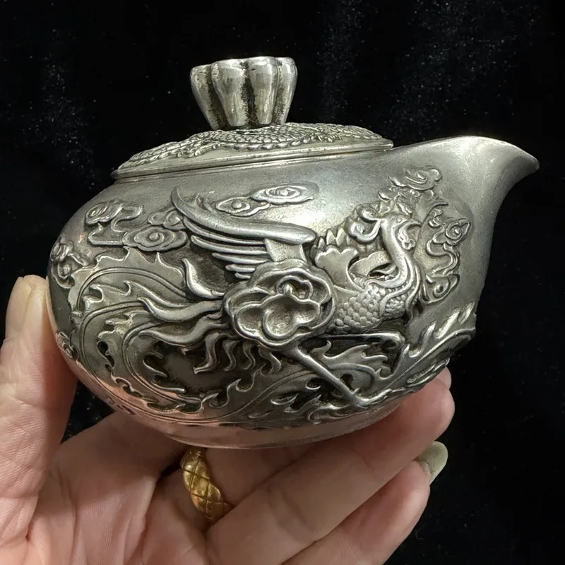 Antique-style old object: Dragon phoenix teapot, finely crafted copper , water and wine pot, craft art, collectibl
