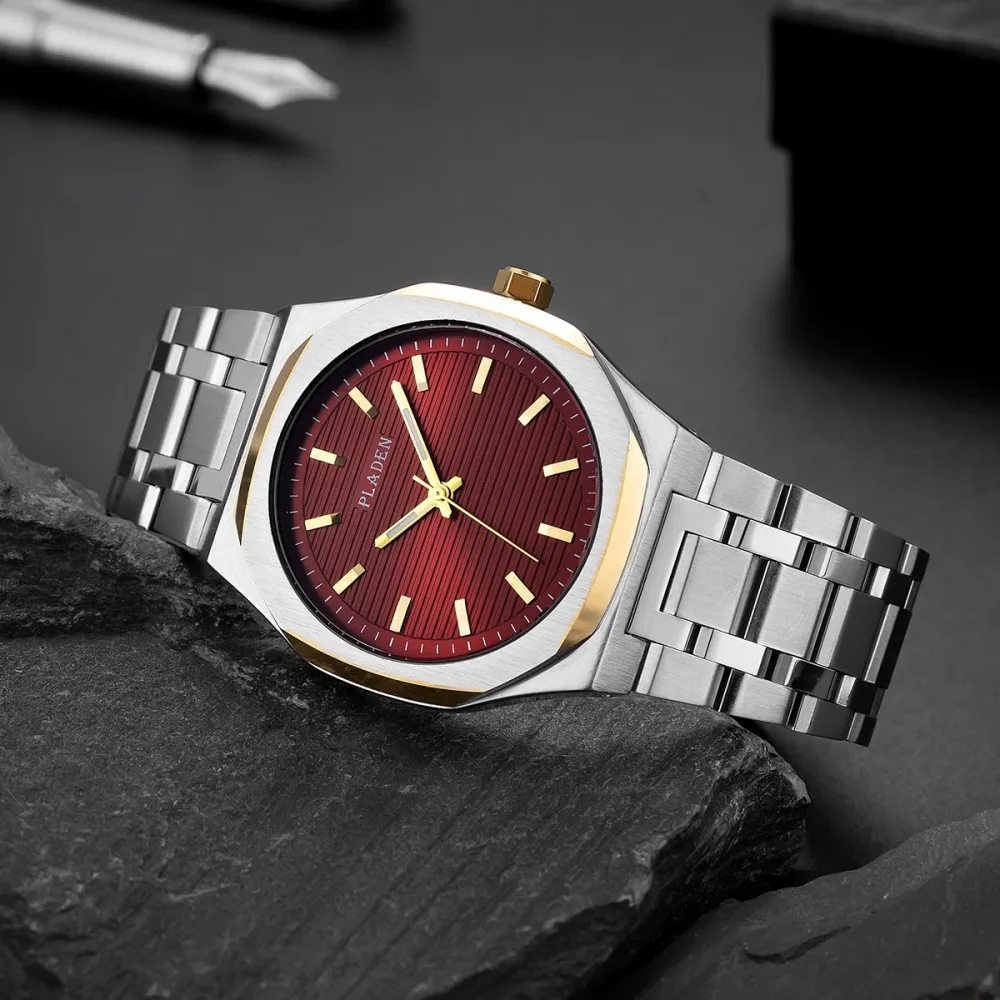 PLADEN Men Two-Tone Octagonal Steel Watch Burgundy Sunray Dial Luminous Quartz Waterproof Business Dress Watches Reloj Masculino