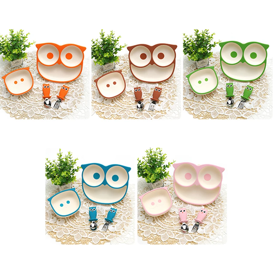 New Design Baby Safety Silicone Cute Owl Shape Plate And Bowl Spoon Fork Kids Dinning Tableware Set