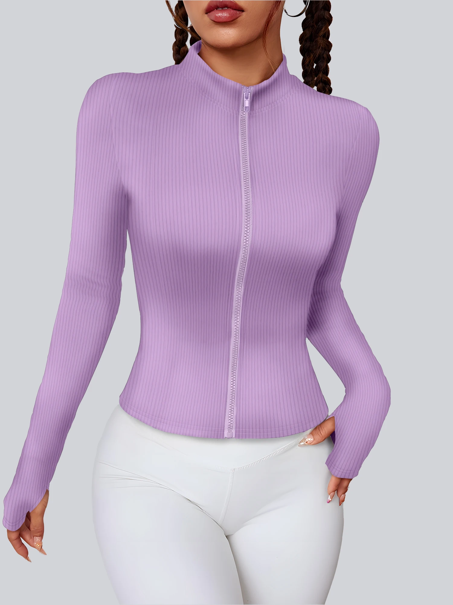 Spring Autumn Ladies Zip Up Cropped Yoga Jacket Ribbed Long Sleeve Thumb Hole Bodycon Fitness Training Top