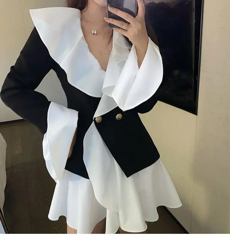 TANNT Women Blazer Dress Lotus Ruffle manica lunga Patchworok Blazer nero bianco cappotto donna Slim Suit Jacket 2023 nuovo