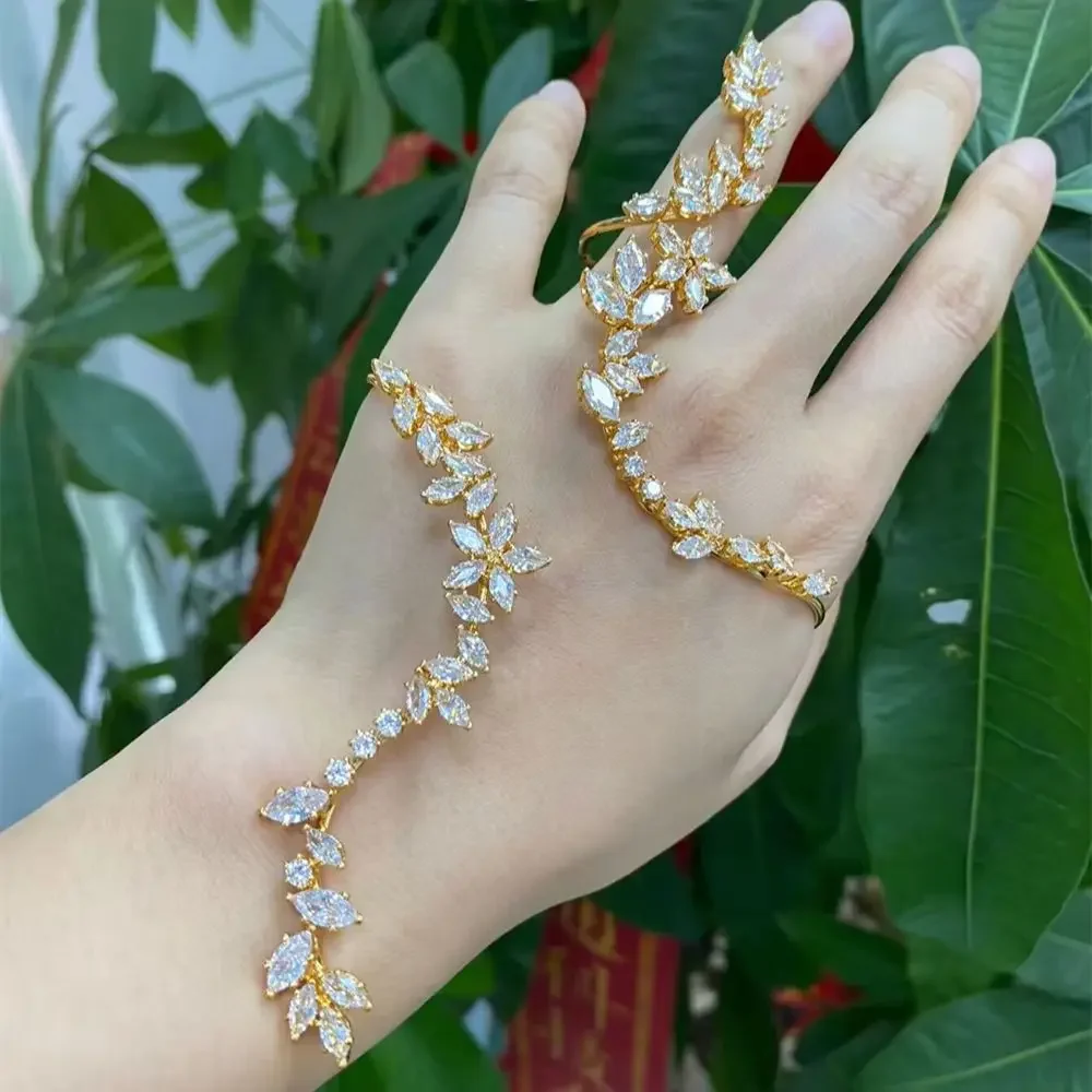 5A+ Cubic Zircnonia Crystal Hand Finger Palm Open Bracelet for Women Adjustable Bangle Five Pearl Flower One Piece Wholesale