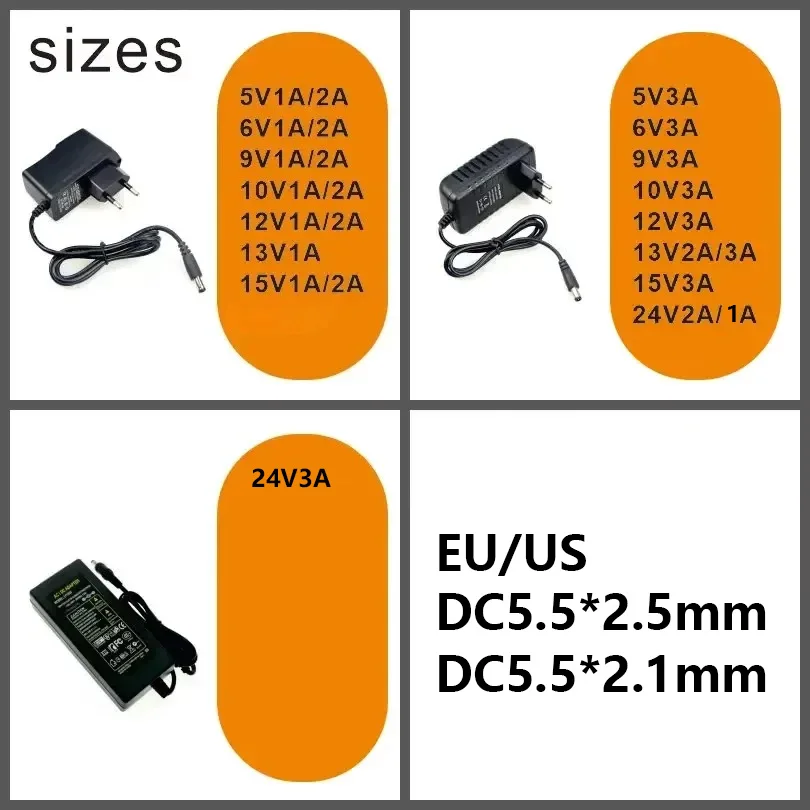 Power Supply 220V AC Adapter DC 5V 6V 8V 9V 10V 12V 13V 15V 24V Low Voltage Universal Charger 1A 2A 3A EU US For LED Driver