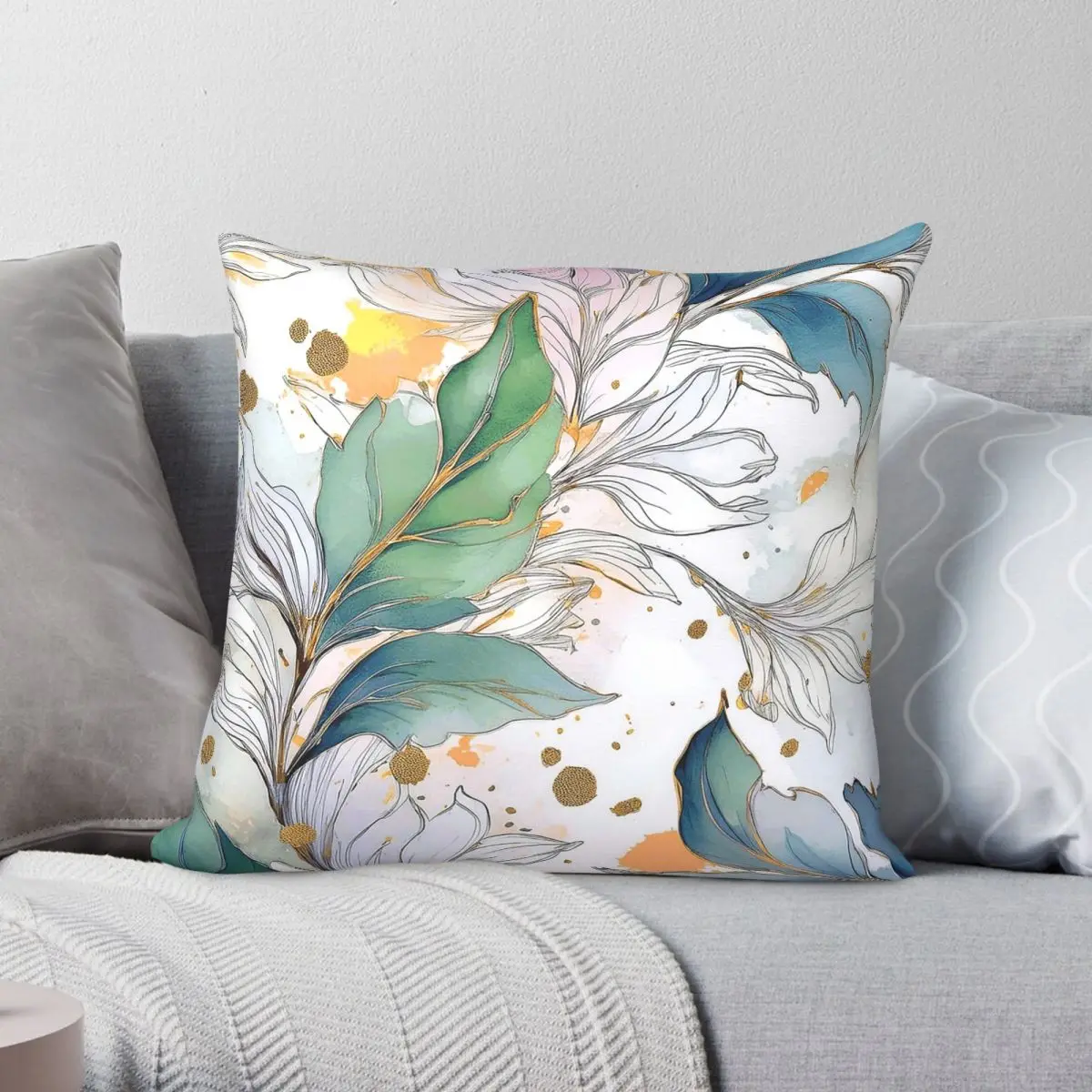 Florals Neutral Green Gold Square Pillowcase Polyester Linen Velvet Creative Zip Decorative Sofa Seater Cushion Case 45x45