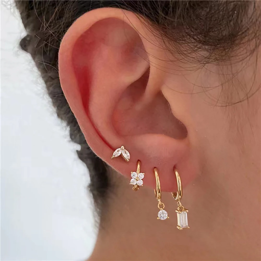 4PCS Fashion Zircon Hanging Earrings Set For Women Stainless Steel Geometry Dangle Earring Cartilage Piercing Jewelry Gift