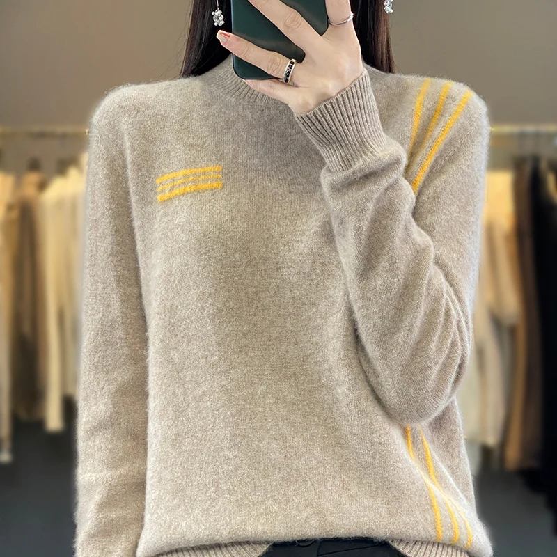 

Fall/Winter New 100% Pure Sweater Ladies' Knitwear Semi-high Neck Fashion Color Matching Top New Thickened Loose Pullover