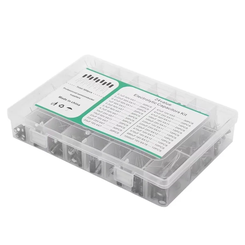 A set of 500 electrolytic capacitor classification boxes in 24 specifications, ranging from 0.1uF to 1000uF and 16V to 50V