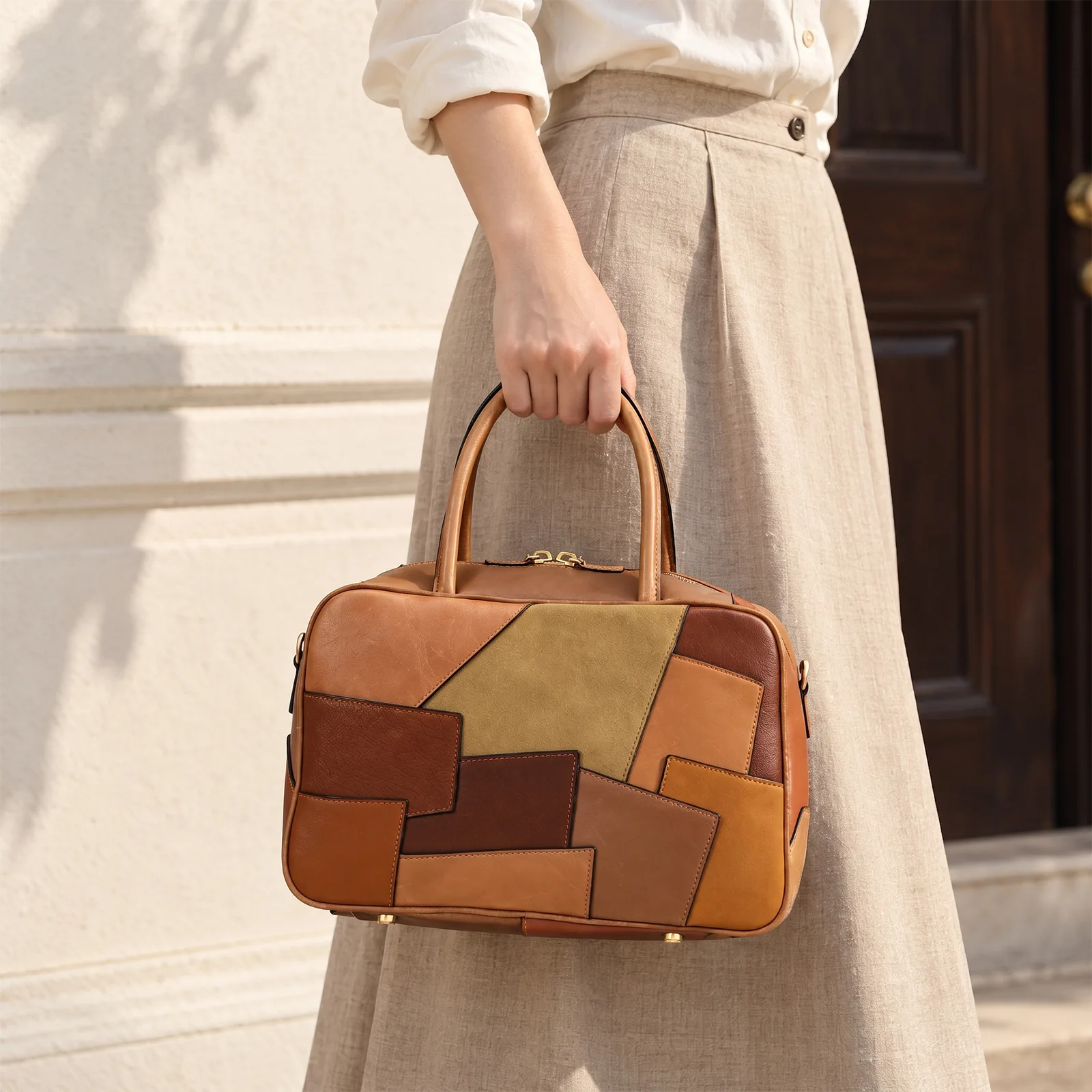 Vintage Retro Color Block Boston Bag Women Top Grain Cowhide Leather Handbag Patchwork Contrast Crossbody Purse