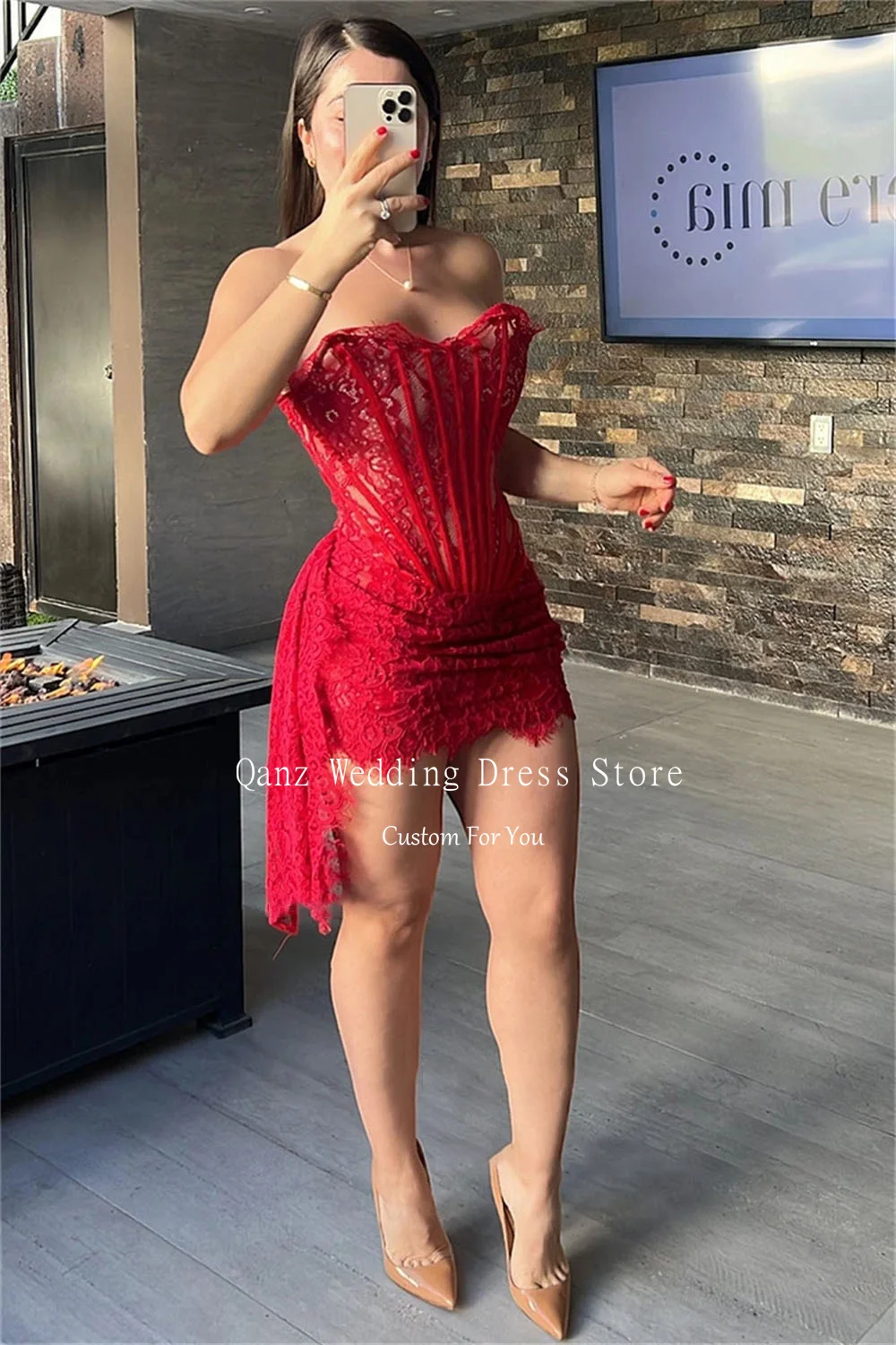 Qanz Sexy Red Lace Short Party Dresses Dubai Arabic Cocktail Dress Night Event Formal Club Gowns Mini Formal Dress Customized