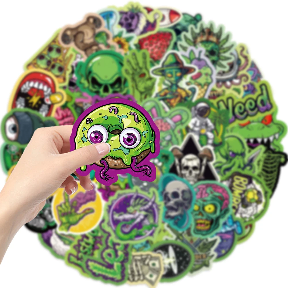 50pcs Green Skull Graffiti Stickers Flower Waterproof DIY For Water Bottle Laptop Phone Skateboard For Adults Teens Sticker﻿