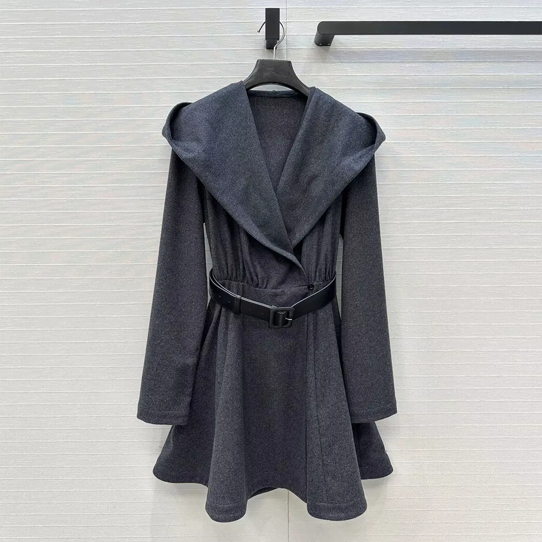 

New Autumn Winter Fashion 70% Woolen Dress Women Hooded Lapel Long Sleeve Gray Color Slim Belt A-line Elegant Lady Dress