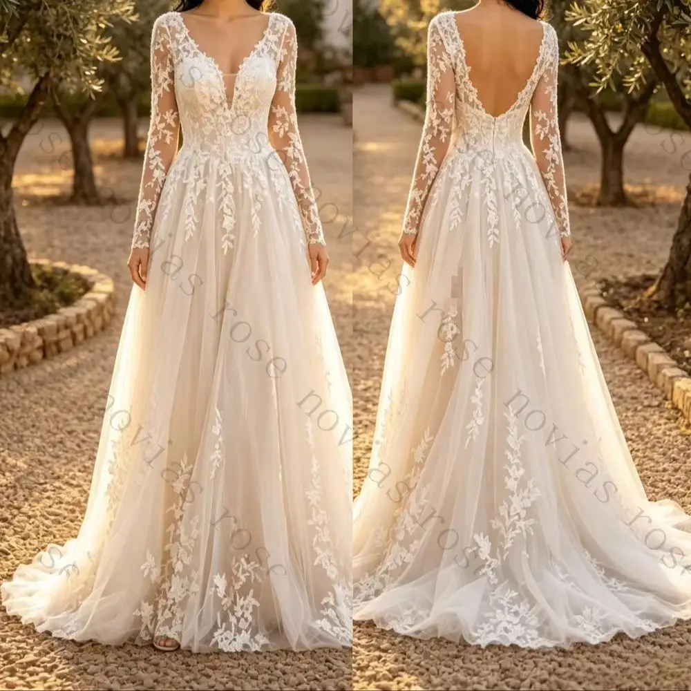 Customized Bohemian Deep V-neck Long Sleeved Lace Wedding Dress 2026 Applique Chiffon Ruffled Bridal Gown Suitable for Gardens