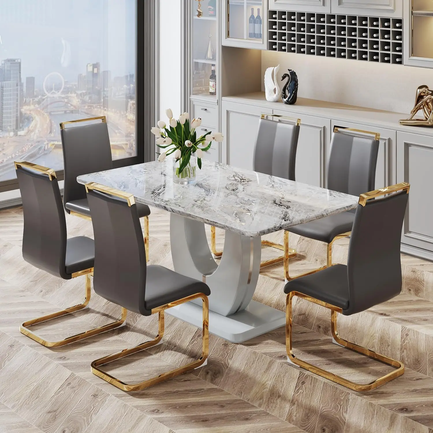 

JUFU Dining Table Set for 6,Marble Dining Table Set with Faux Marble ,Modern Dining Room Table Set for 6, and Pu Leather Chairs