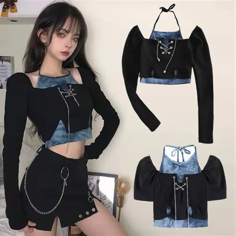 

Kpop Korean Singer Concert Fashion Streetwear Dancer Outfits Tie Dye Halter Crop Tops Hip Hop Hot Girl Dancewear Stage Costume