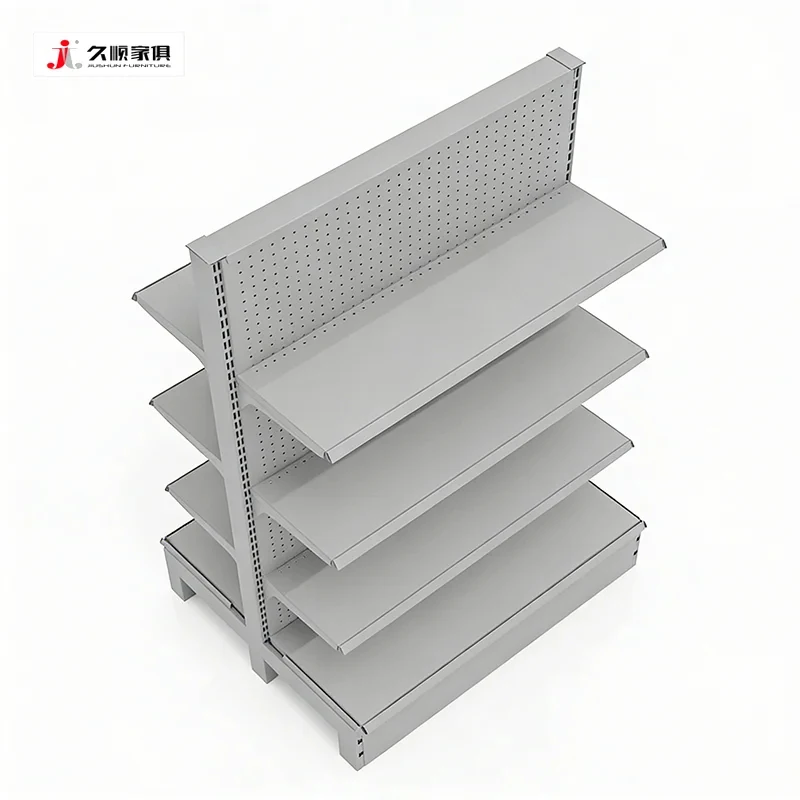 custom.Jiushun Durable Double-Sided Metal Steel Gondola Supermarket Display Shelves Glocery Retail Store Shelving Racks Sale