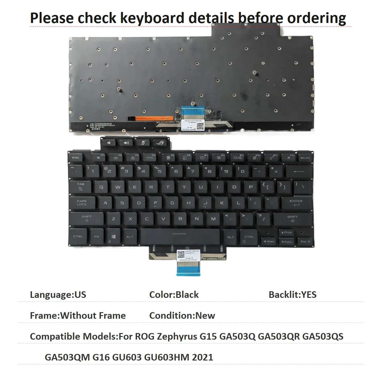 New US Language  Backlit Keyboard For ASUS ROG Zephyrus G15 GA503Q GA503QR GA503QS GA503QM G16 GU603 GU603HM 2021