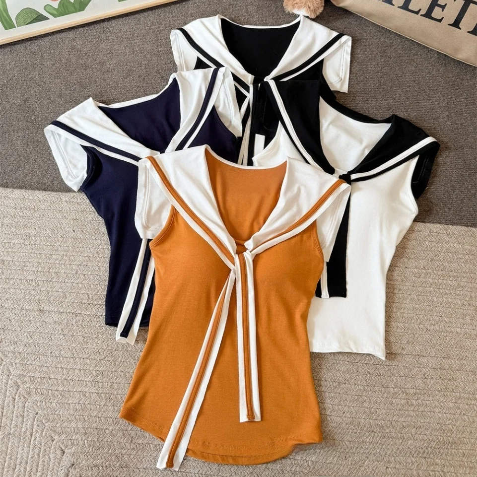 Summer New Sweet Style V-neck Tie Waist Sleeveless Vest Slimming Fixed Strap Chest Pad Color Block Design Women's Tank Top