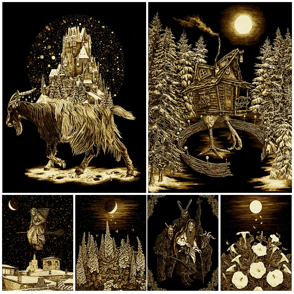 Das Hexenhaus im Dunkeln und Kräuterhexe im fliegenden Himmel, Vintage-Wandkunst, schwarze Katze, Fledermaus und Hexenfamilie, Kunstposterdruck