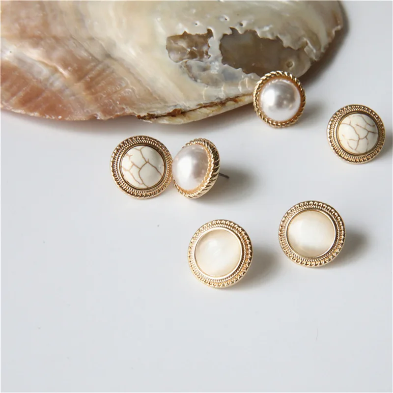 2022 New Vintage Round Marble Opal Stone Big Stud Earrings For Women Fashion Temperament Simulated Pearl Earrings