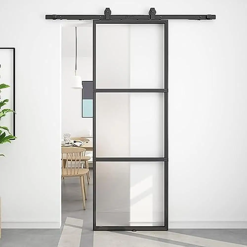 30x84in Glass Barn Door 5FT Top Mount Hardware Kit Soft Close Mechanism Privacy Ensured Modern Design Tempered Glass Solid