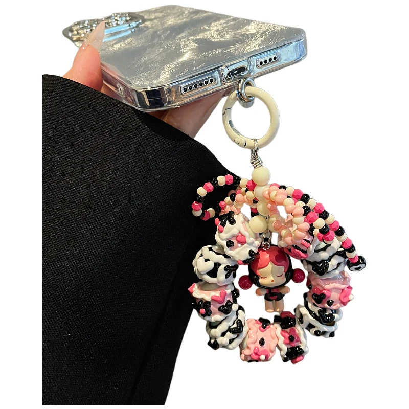 New POP BEAN Diy Beaded Kawaii Skullpanda Bean Bowknot Cute Keychian Fashion Phone Chain for Girls Bag Pendant Accessories Gift