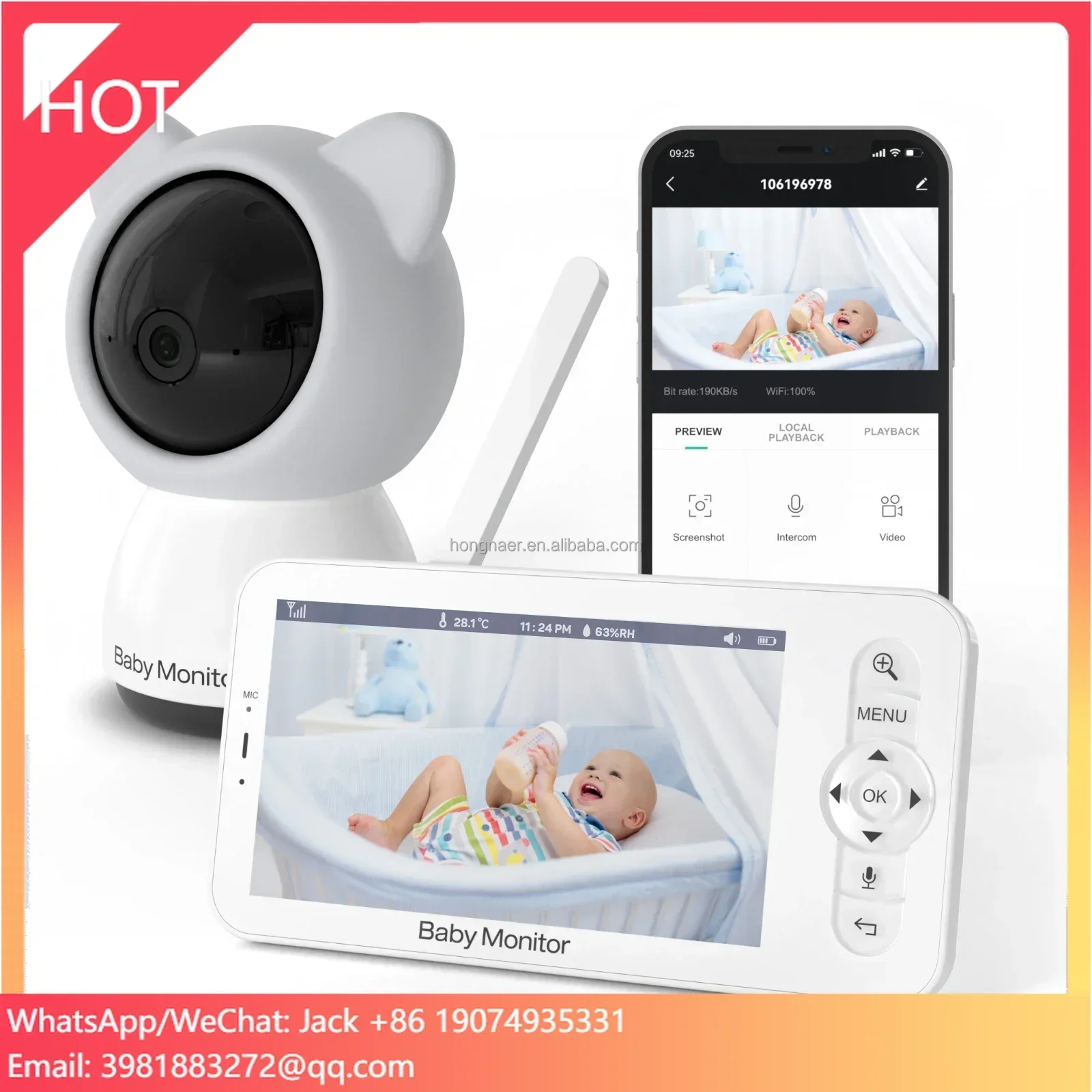 Hongnaer Home Indoor Baby Audio 5 Inch LCD Screen PTZ Camera CloudEdge 1080P Wireless 2.4G WiFi Video Smart Baby