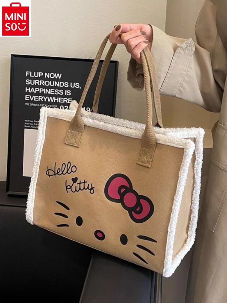 MINISO-Bolso de hombro de lona con dibujos animados de Hello Kitty para estudiantes, bolso informal de felpa, bonito, novedad de 2024