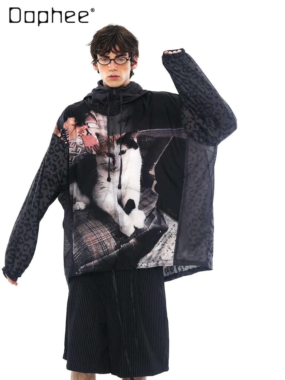 Summer New Men's Lightweight Breathable Sun Protection Hooded Jacket Black Cat Leopard Print Anti-UV Loose Casual Outdoor Coat