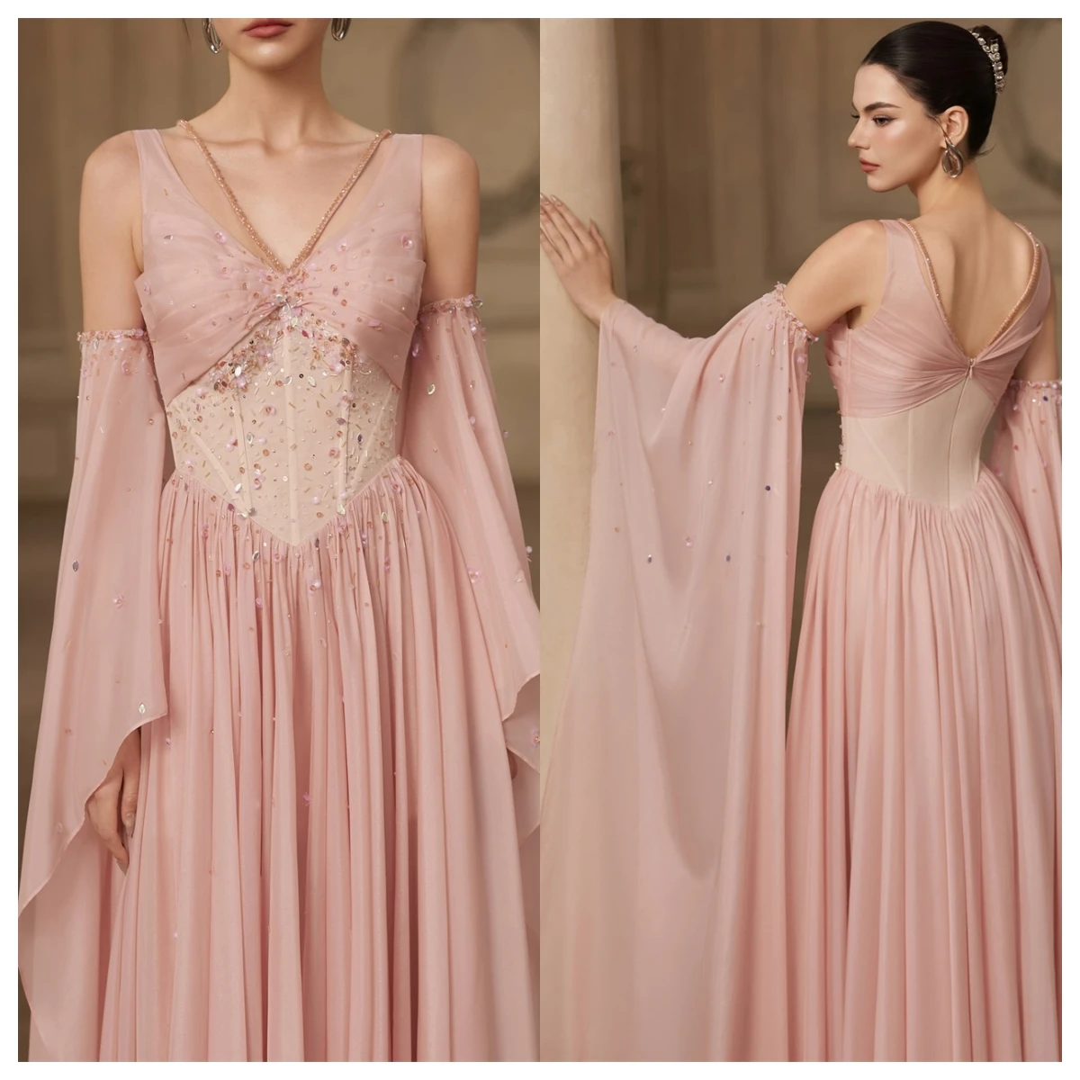 

Customized Delicate Pink Chiffon Evening Dress V-Neck Detachable Sleeve 3/4 Sleeves Bespoke Occasion Gowns Party Dress Sequined