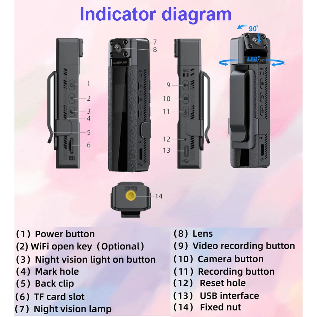 2K Portable Pocket Recorder with WIFI Rotating lens Dark night vision HD video recording DVR One-click photo Cyclic photography