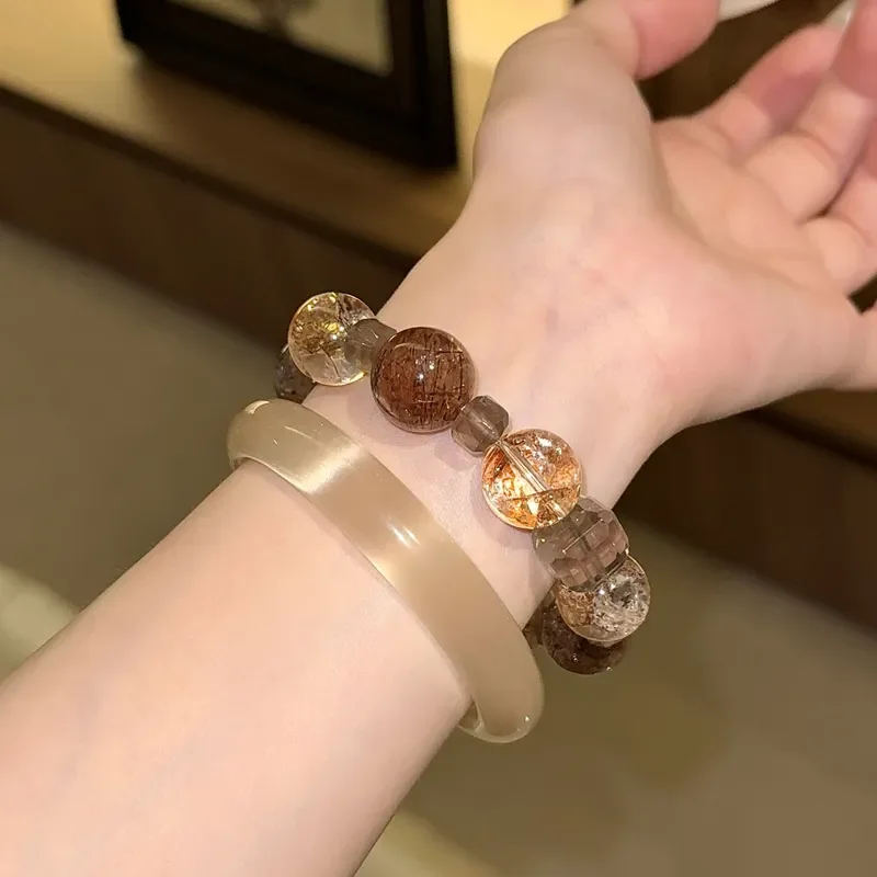 Natural black gold super seven gold foil glue flower crystal bracelet attracts wealth and grandeur, simple and high-end