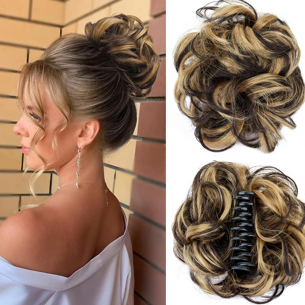 Coleta de Pelo Sintético Despeinado con Pinza, Extensión de Cabello de Fibra de Alta Temperatura, Moño Esponjoso para Mujer