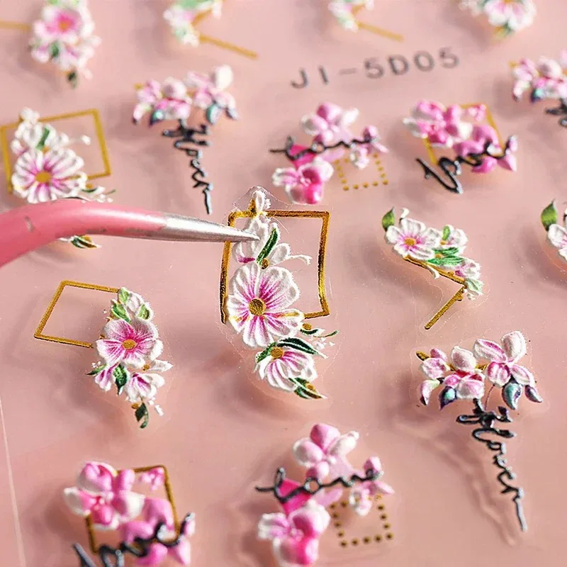5D Nail Stickers Cherry Blossom Heart Shape Acrylic Embossed Slippers Gold Frame Nail Decals Manicure Decor