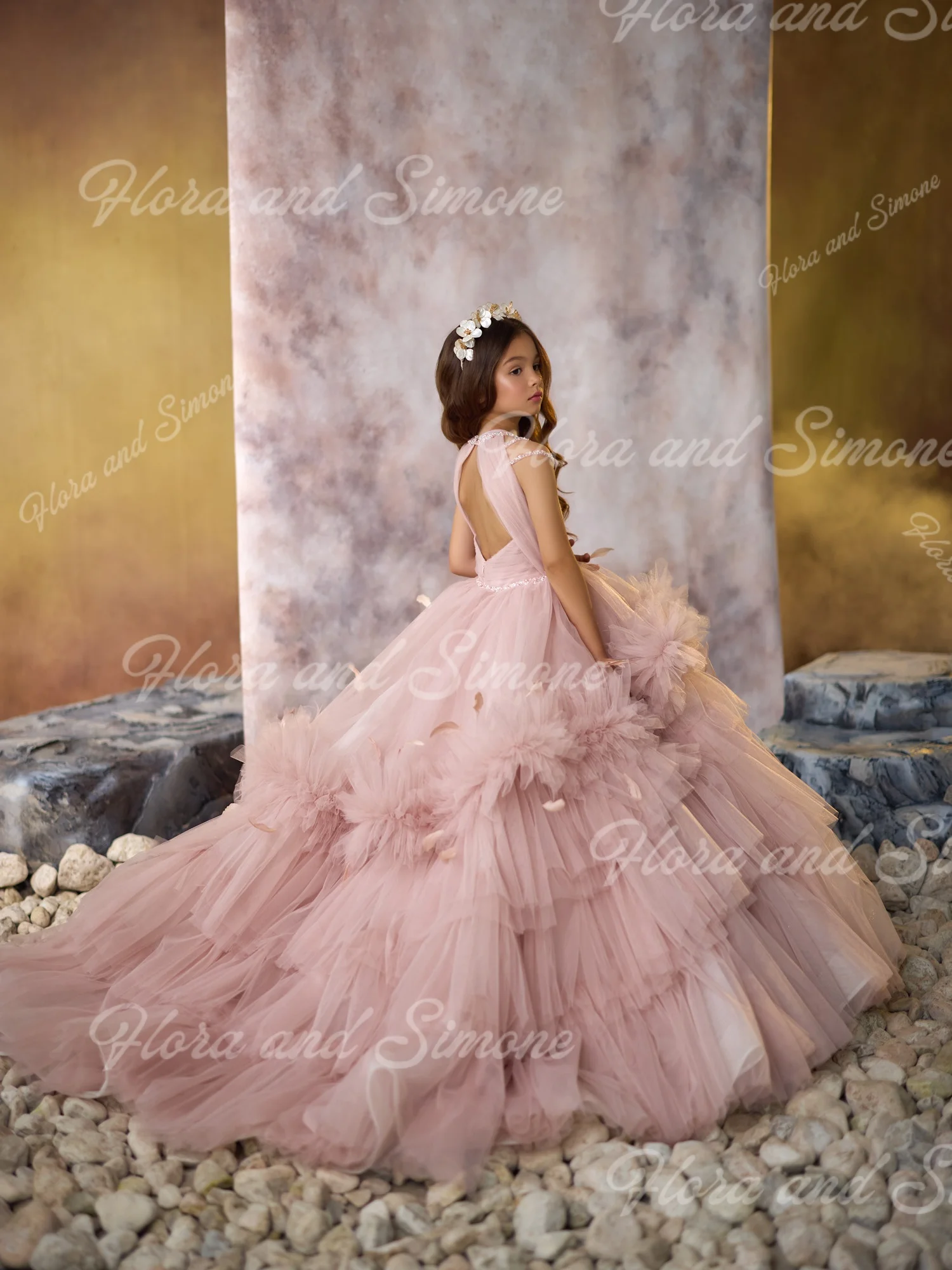 Pink Feather Flower Girl Dress for Birthday Party Gowns Beaded Kids Wedding Ceremonies Formal Receptions Dance Party Customized