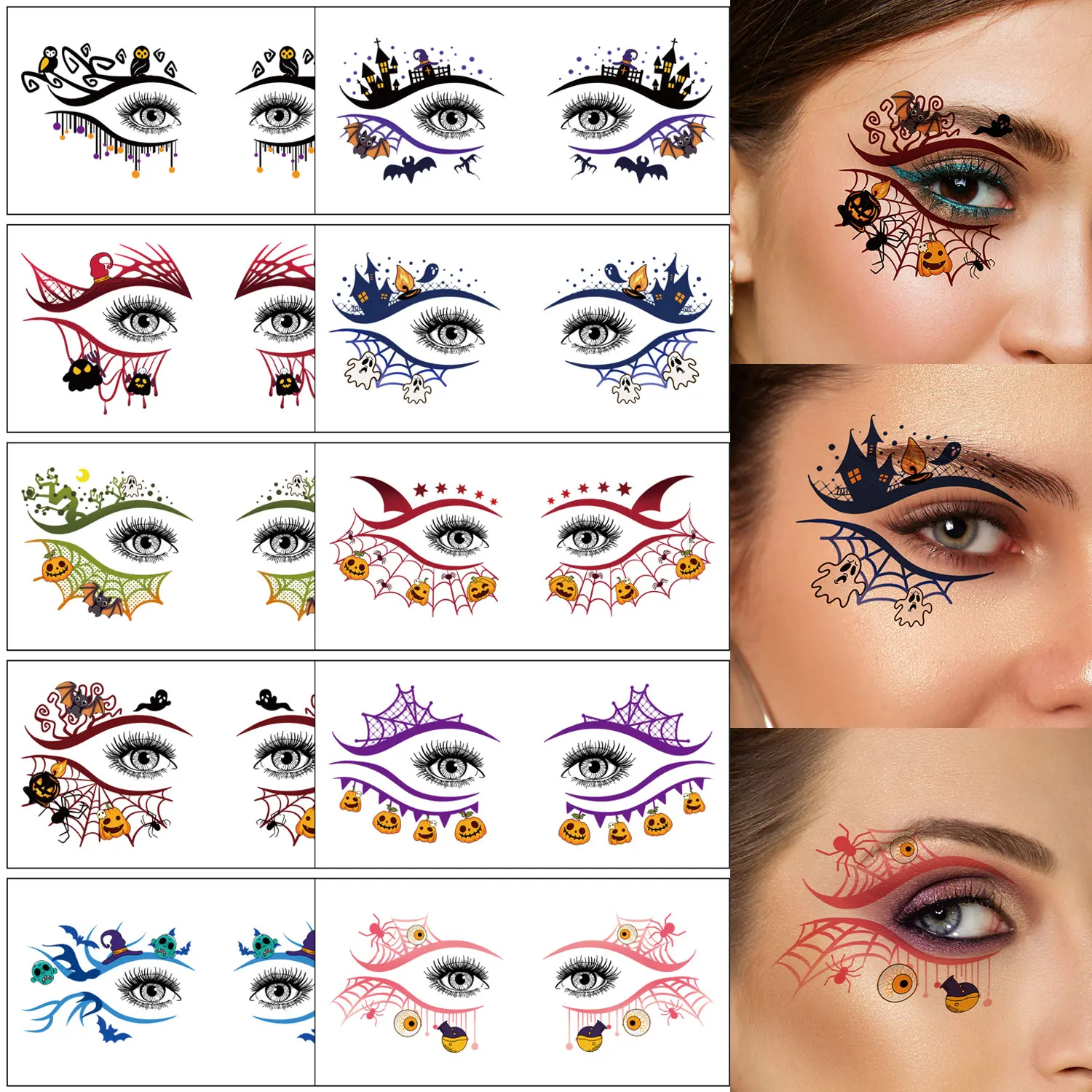 10 Halloween Temporary Face and Eye Tattoo Stickers, Colorful Bat, Ghost, Pumpkin, Skull Halloween Element Pattern Fake Tattoo Stickers, Waterproof Realistic Eye Corner Tattoos, Suitable for Halloween Parties, Role-Playing, and Quirky Makeup