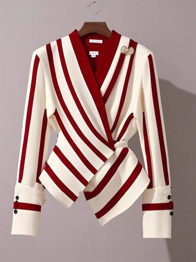 

New Korean Luxury Autumn Blouse Fashion High End Elegant Design Striped Asymmetrical Long Sleeved V-neck Women's Top Office Lady