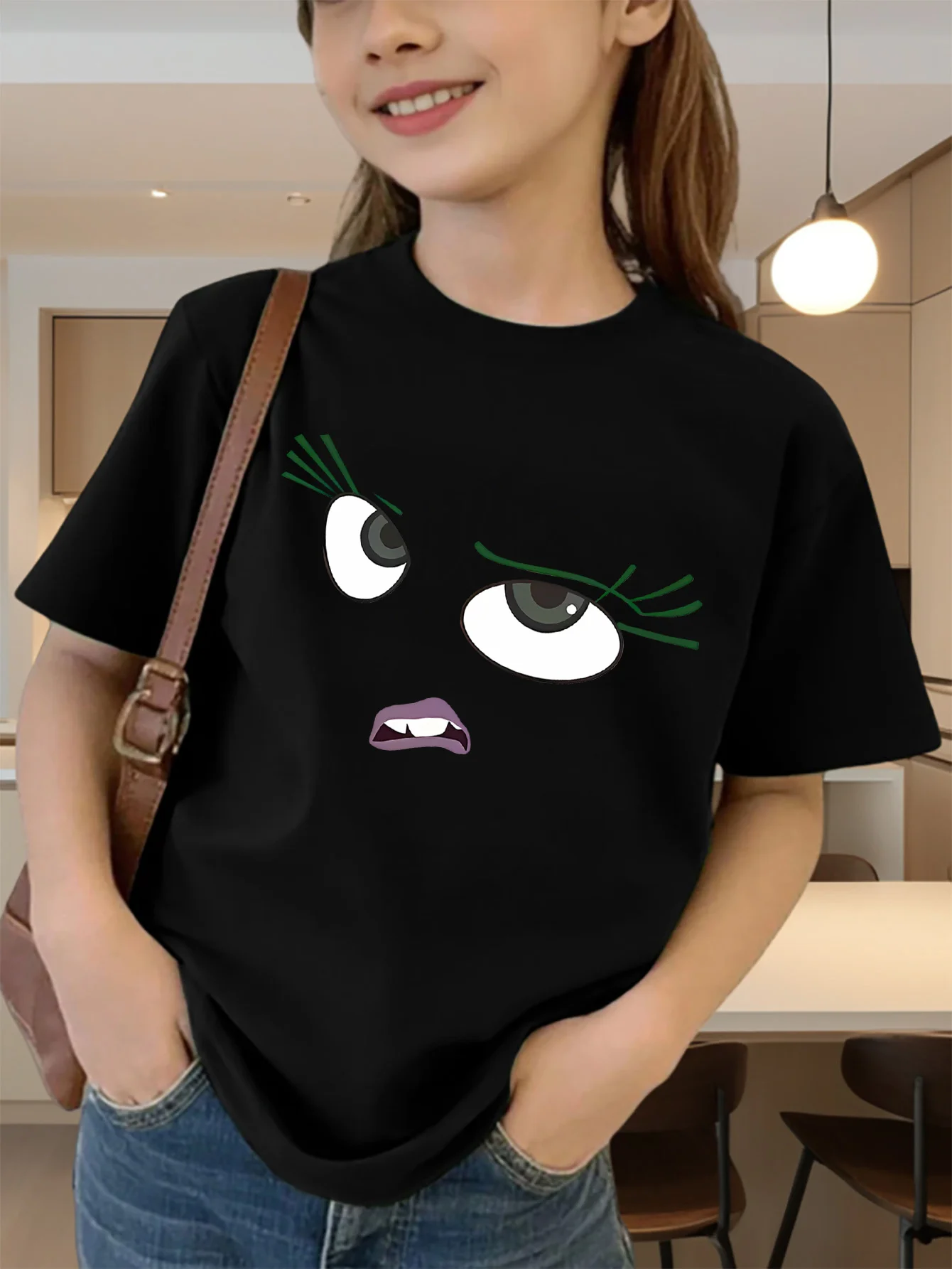 Cute Cartoon Grumpy Face Graphic Print Kids Tee Boys Girls Family Matching Cotton Crew Neck Short Sleeve Soft Summer Tee