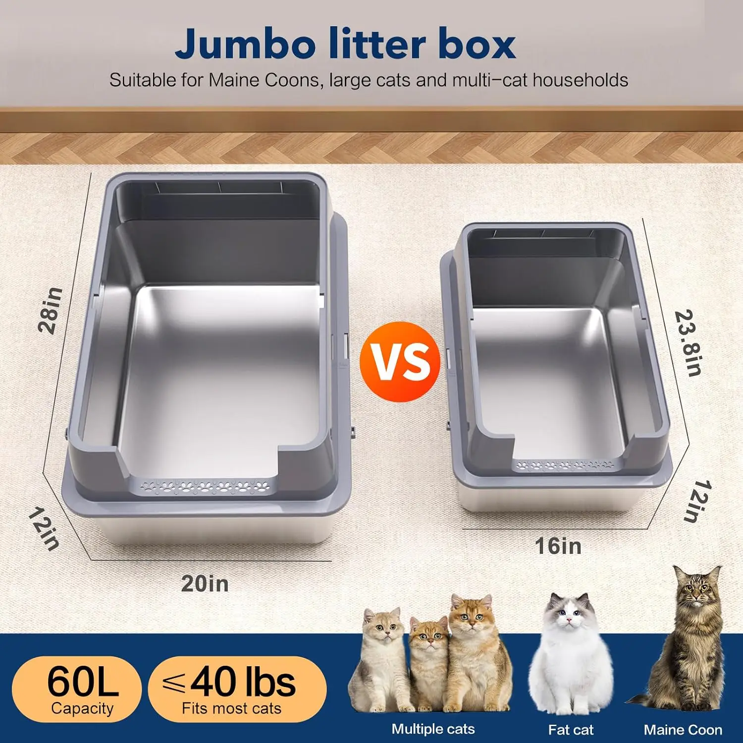 XXL Extra Large Stainless Steel Litter Boxes, Metal Litter Pan Measuring 28 L x 20 W x 12 H Inches