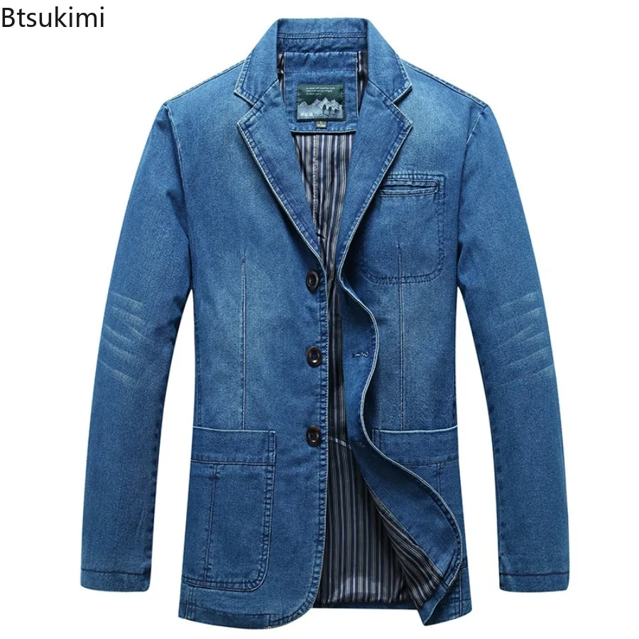 New Men's Denim Blazer Business Casual Vintage Suit Coats High Quality Slim Cotton Denim Jacket Spring Autumn Men Jean Suit Tops