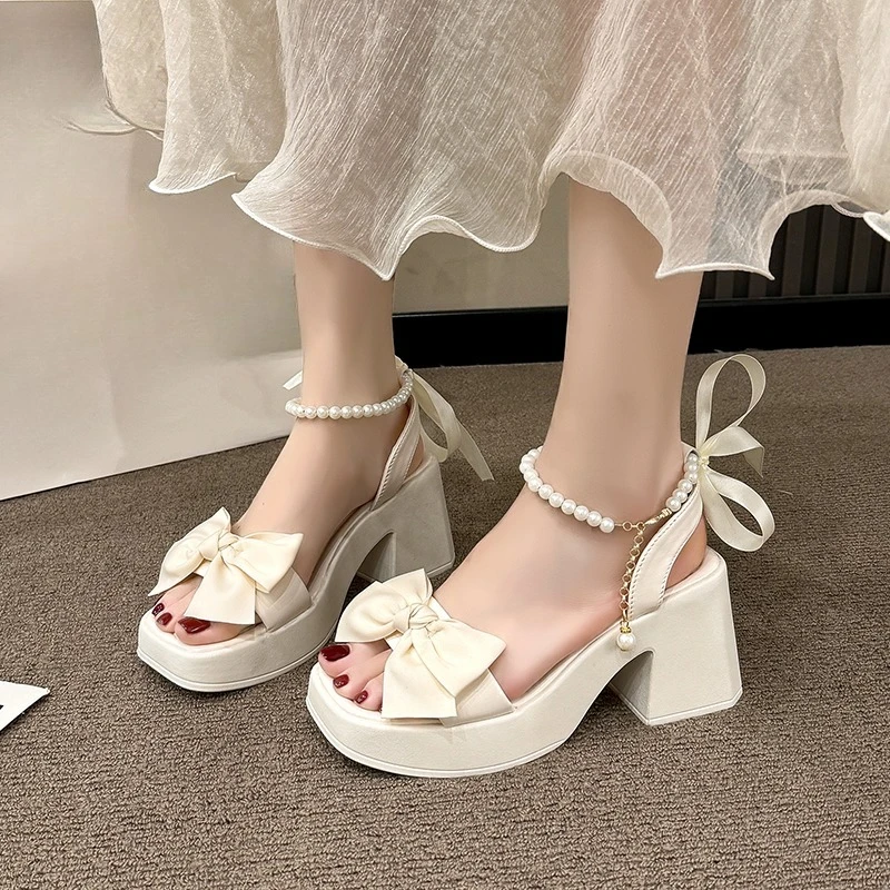 

Block Heel Bow Sandals Summer New Square Toe Platform Slip Strap Anti-Slip Wear-Resistant High Heels