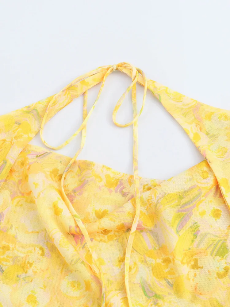 KAOPU ZA Women open back printed tulle fitted bodysuit vintage halter-neck snap-button female playsuits mujer