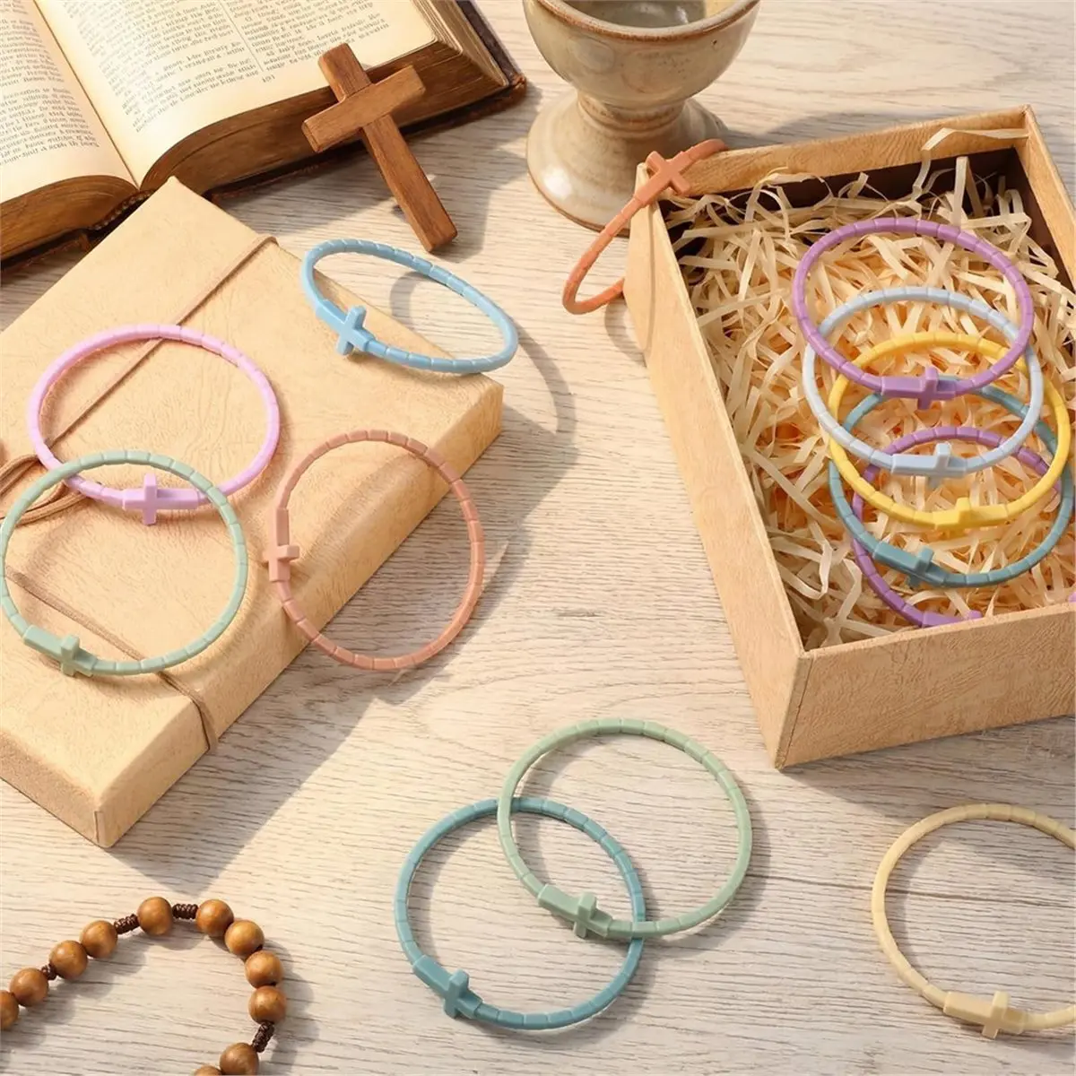 Time Saving 36 Pcs Silicone Crosses Bracelets Bulk Christian Jesus Bracelets 12 Colorful Stackable Rubber Wrist Accessories