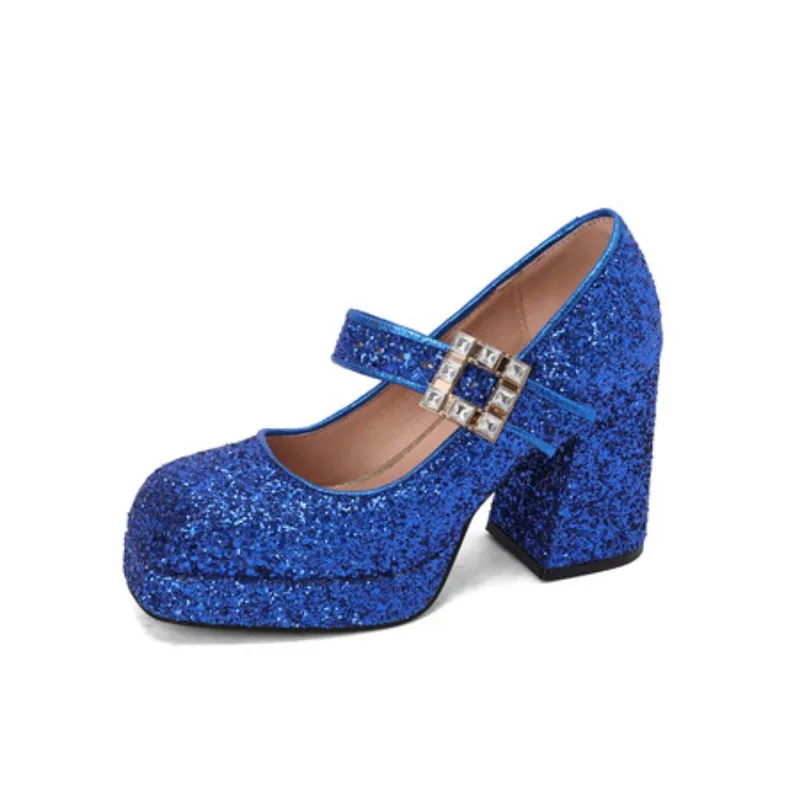 

Большие размеры, женские туфли-лодочки с квадратным носком и квадратным ремнем со стразами и пряжкой, милые стильные дышащие туфли на высоком толстом каблуке