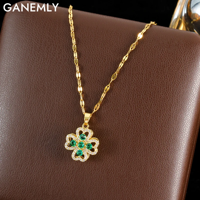 GANEMLY 316L Edelstahl Rotierenden Grünen Zirkon Klee Anhänger Halskette Für Frauen Trendy Baumeln Hals Kette Wasserdicht Schmuck