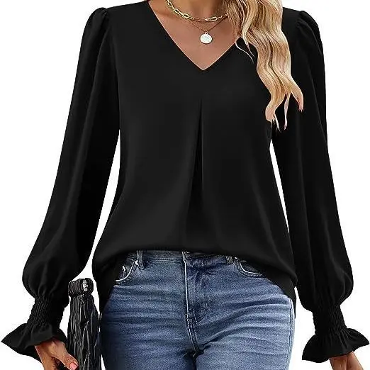 2024 Autumn Women\'s Shirt V-neck Flare Long Sleeve Fashion Solid Color Elegant Street Casual Blouses for Women