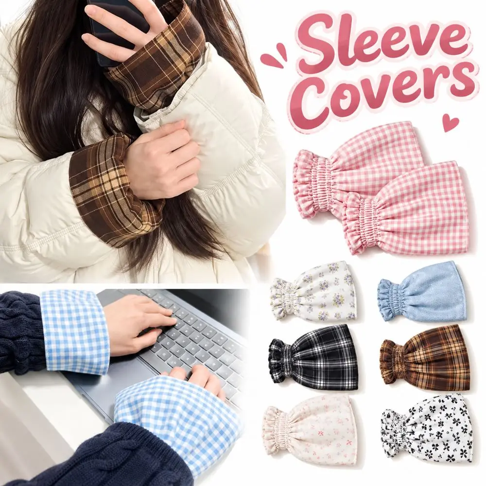 Floral Print Sleeve Covers Double-sided Plaid Pattern Detachable Sleeves Cuffs Anti-Dirty Smocked Elastic Sleeve Guards Office