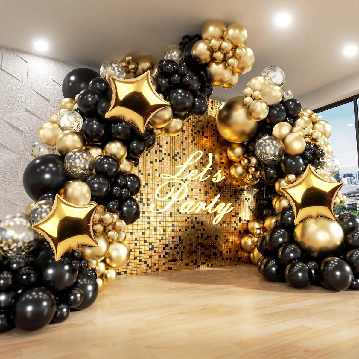 134 pçs balão de ouro preto guirlanda arco kit com starburst folha balões confetes látex balões mistos feliz aniversário festa decoração