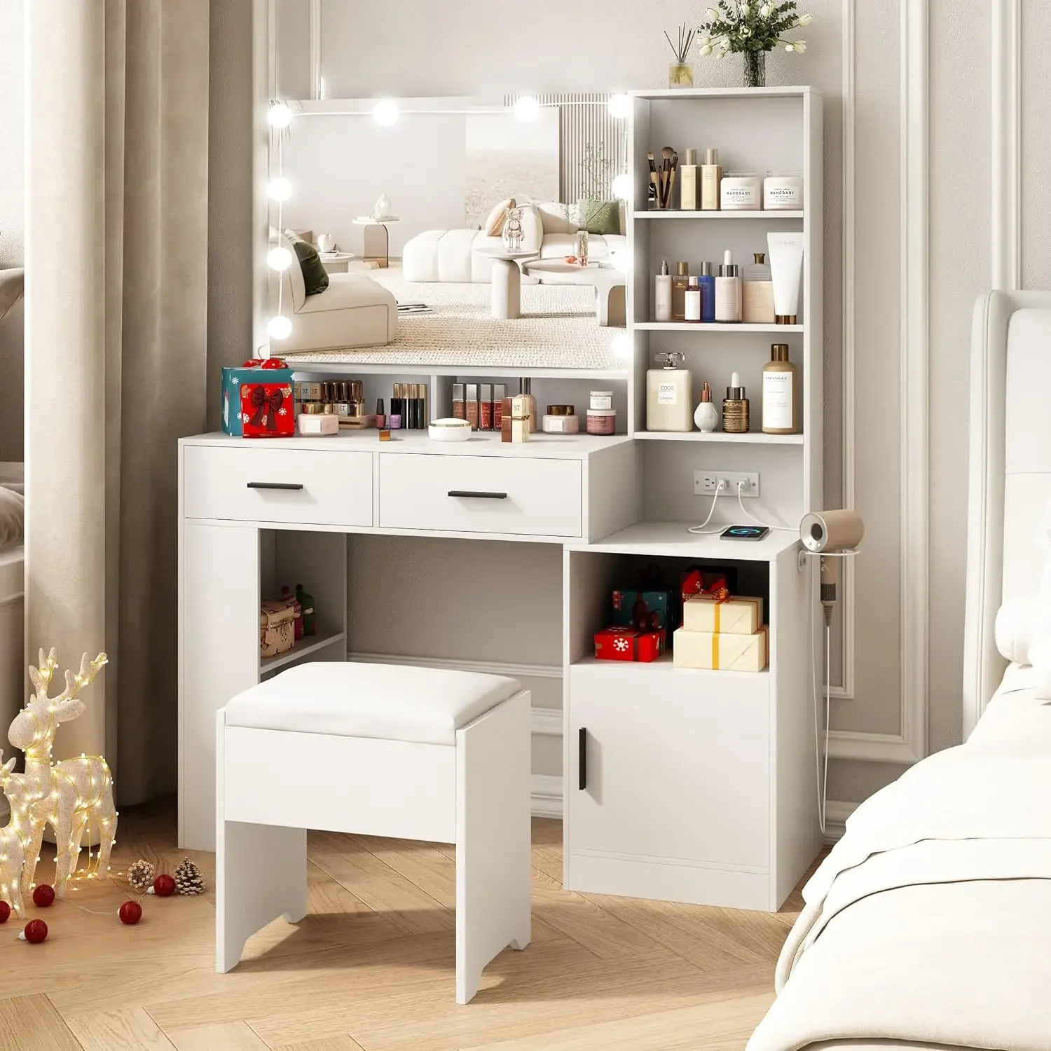 Makeup Vanity Desk with Mirror and Lights White Vanity with Charging Station Vanity with Drawers Storage Shelves and Cabinet